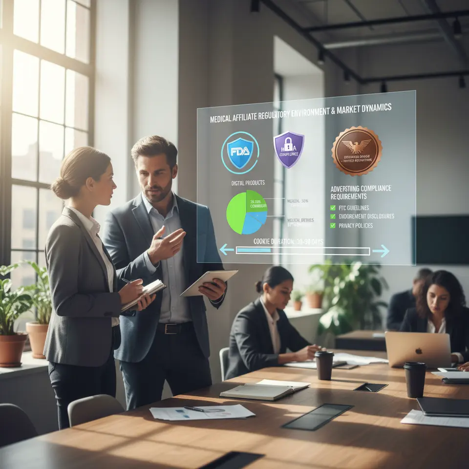 Infographic illustrating the medical affiliate regulatory environment and market dynamics: central icons for FDA and HIPAA compliance, a reputation badge for established brands, a pie chart showing commission rates (20–50% for digital products, 5–15% for devices), a timeline bar for 30–90-day cookie durations, and a checklist graphic for advertising compliance requirements.