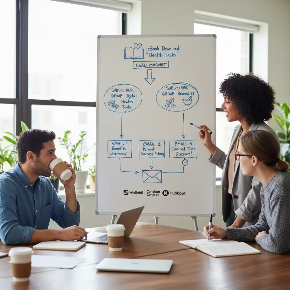 Flowchart diagram of an email marketing funnel: a lead-magnet eBook download icon feeding into two segmented subscriber groups (digital health tools vs natural remedies), followed by a three-step drip campaign—Email 1 (benefits overview), Email 2 (patient success story), Email 3 (limited-time discount)—with envelope icons, arrows, and platform logos.