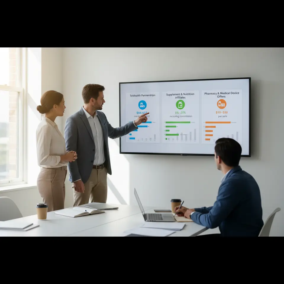 Infographic-style chart illustrating Top High-Performing Medical Affiliate Programs: three side-by-side panels for Telehealth Partnerships (icon of video call, $30–$75 per appointment), Supplement & Nutrition Affiliates (bottle of pills, 5%–25% recurring commission), and Pharmacy & Medical Device Offers (pill bottle and blood pressure monitor, $10–$50 per sale) with color-coded commission bars