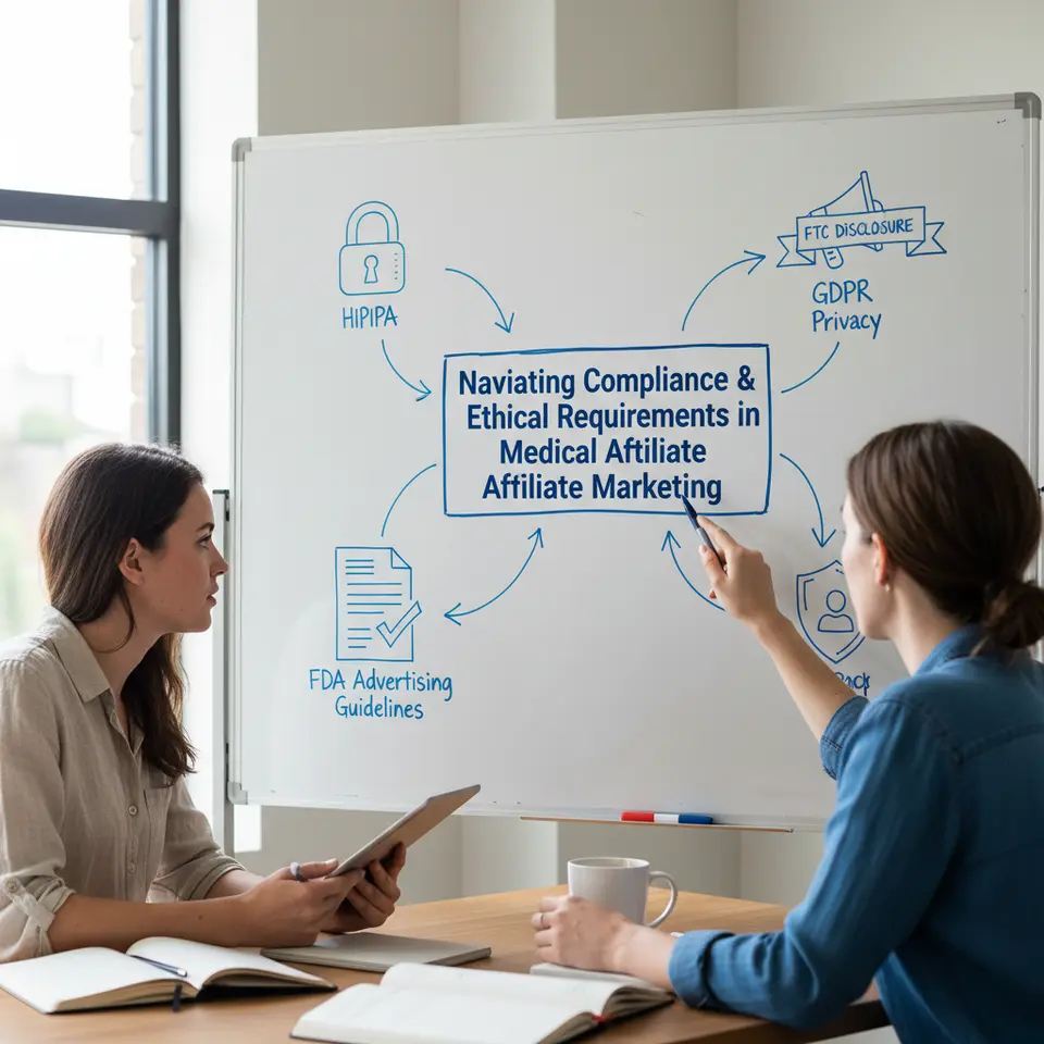 Flowchart-style illustration of Navigating Compliance & Ethical Requirements in medical affiliate marketing: a central content block surrounded by icons and arrows pointing to HIPAA (data lock icon), FDA Advertising Guidelines (document with checkmark), FTC Disclosure (megaphone with disclaimer banner), and GDPR Privacy (shield with user silhouette), all linked by transparent lines to show regulatory pathways