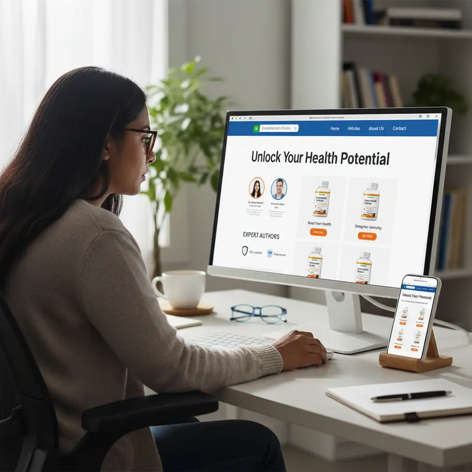 A clean, professional medical affiliate marketing website mockup displayed on desktop and mobile screens: show a secure HTTPS URL bar, visible privacy policy and disclaimer banners, expert author bios with credentials, trust badges (e.g., CDC, NIH), high-quality product images, benefit-driven headlines, clear calls-to-action buttons, and a simple, intuitive navigation menu.