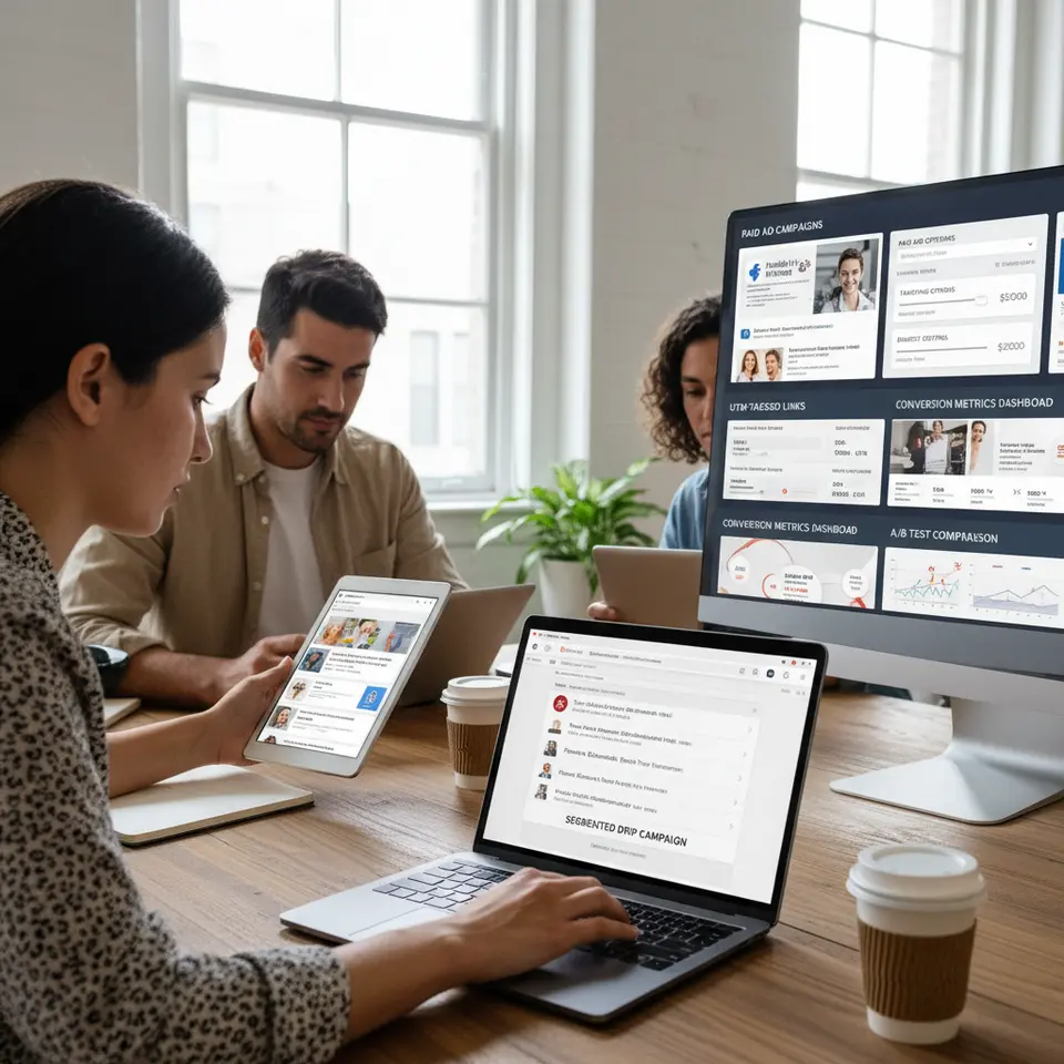 A multi-channel affiliate marketing funnel illustration: an email inbox receiving segmented drip campaign messages (e.g., eBook download, checklist), social media feeds (Facebook, Instagram, LinkedIn) featuring infographics and patient success stories, and paid ad panels with targeting options, budget controls, UTM-tagged links, conversion metrics dashboards, and A/B test comparisons.