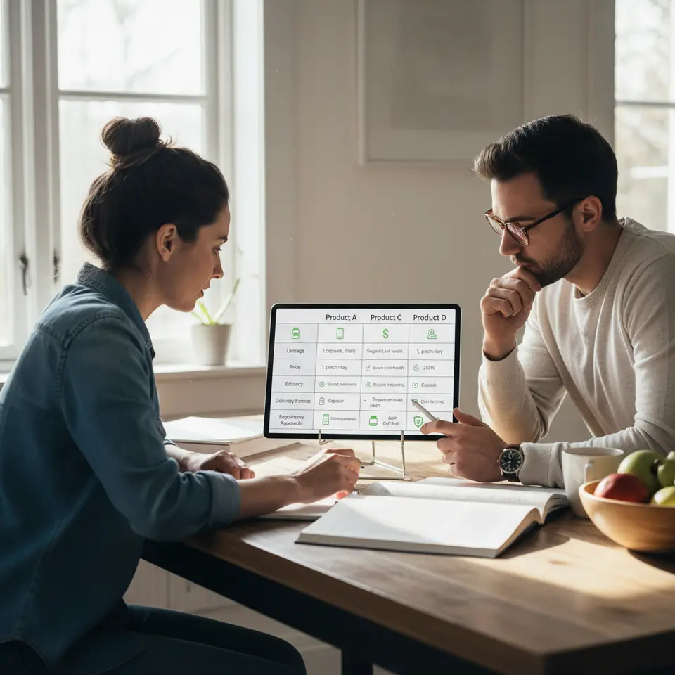 Comparison and Buyer’s Guides: a side-by-side infographic or table that compares multiple medical products (e.g., supplements, devices) across criteria like dosage, price, efficacy, delivery format, and regulatory approvals, using distinct columns, icons, and bullet points to make each attribute visually distinct.