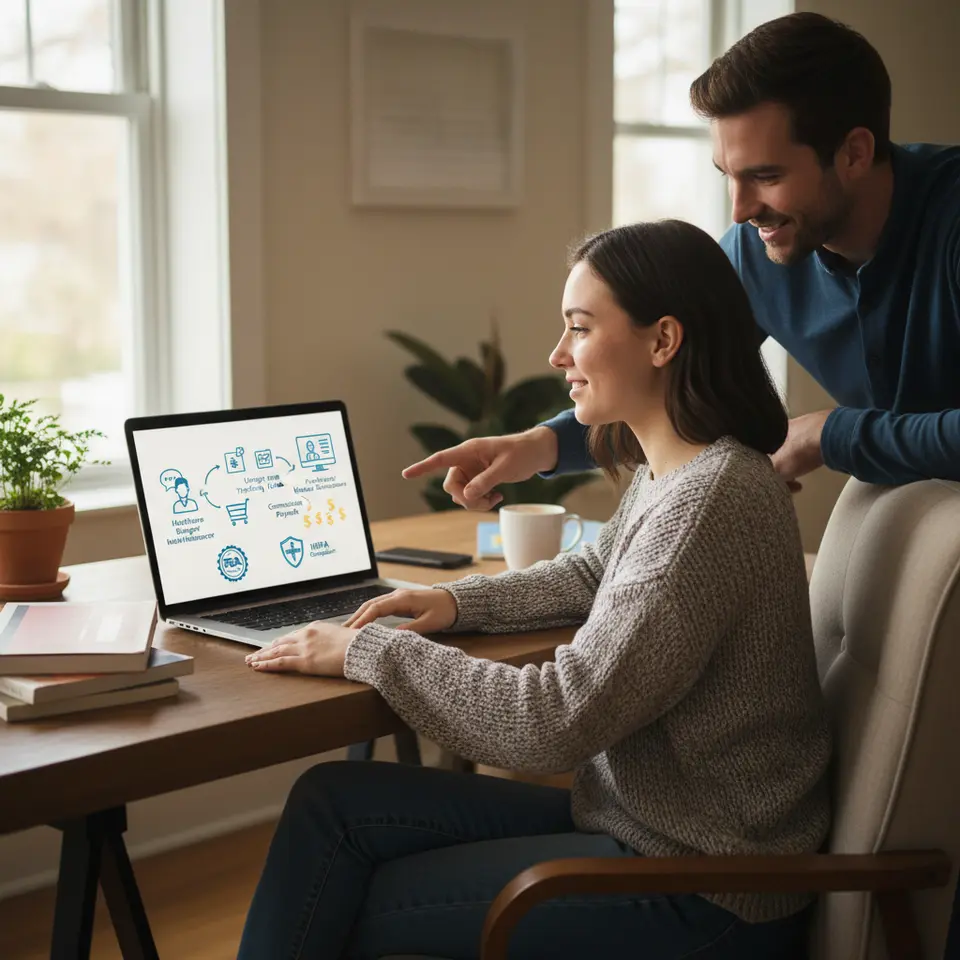 An infographic illustrating the medical affiliate program workflow: a healthcare blogger or influencer at a laptop embedding unique tracking links into blog posts and social media, arrows showing patient clicks leading to purchases or telehealth subscriptions, dollar signs flowing back as commission payouts, and compliance badges (FDA seal, HIPAA shield) to emphasize evidence-backed, regulated offerings.
