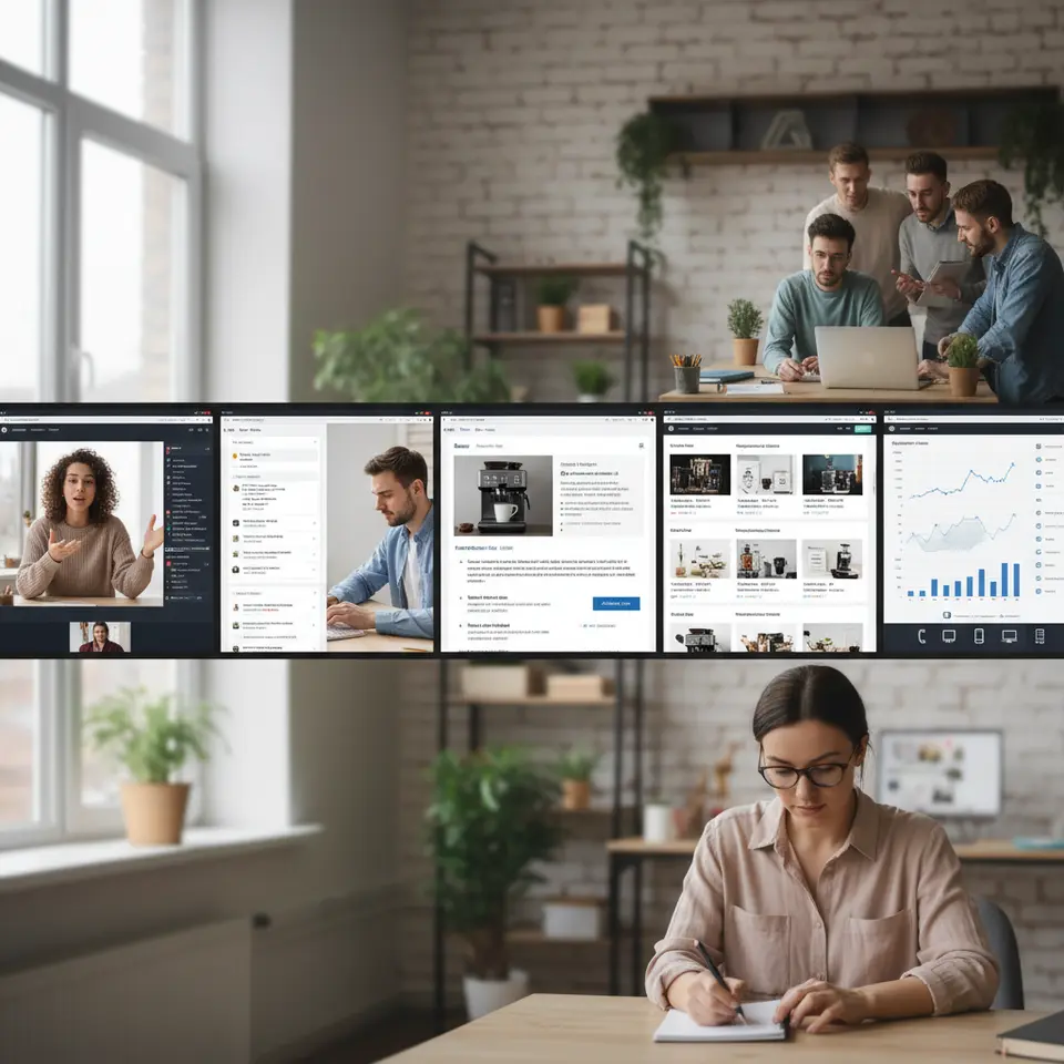 A dynamic multi-channel marketing scene for boosting affiliate earnings: a split-screen view of a content creator hosting a live webinar, drafting segmented email newsletters, writing detailed product reviews on a blog, launching targeted social media ads, and monitoring performance on an analytics dashboard with charts for click-through rates, conversion metrics, and mobile-friendly optimization icons.